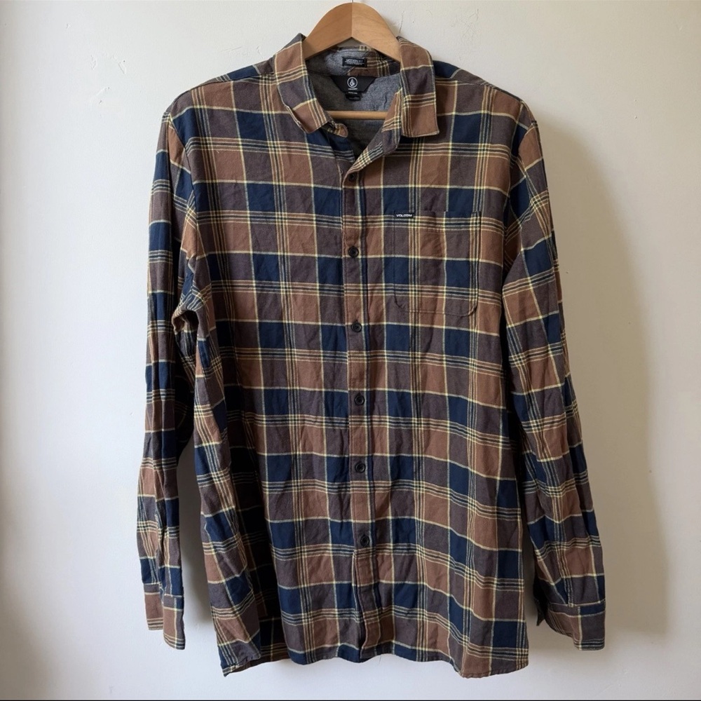 VOLCOM Men’s Caden Brown & Blue Plaid Flannel Shirt Long Sleeve 2XL